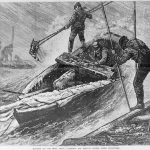 Ca. 1879 illustration of men harvesting oysters during a storm.