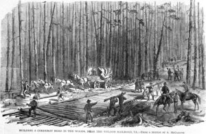 Illustration of soldiers building corduroy road