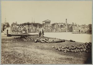 Andrew J. Russell, part of Richmond Evacuation Fire ruins between the turning basin and Capitol Square, looking north; 9th Street and St. Paul’s Episcopal Church on left, April 1865. Courtesy Library of Congress.